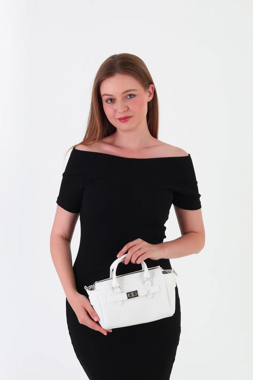 Sandra Kilit Detaylı Mini Çapraz Çanta Beyaz
