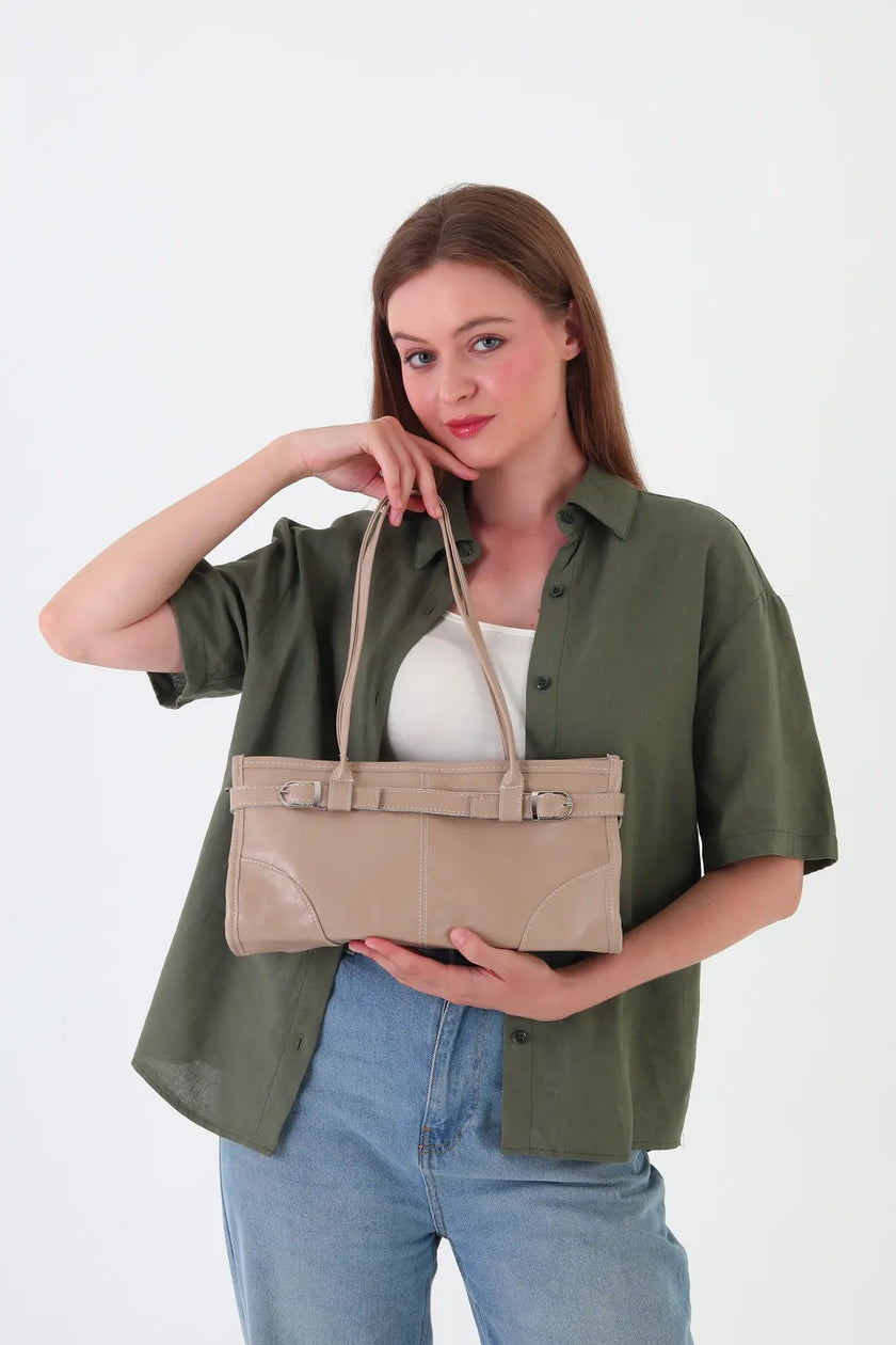 Renna Suni Deri Baget Çanta Bej