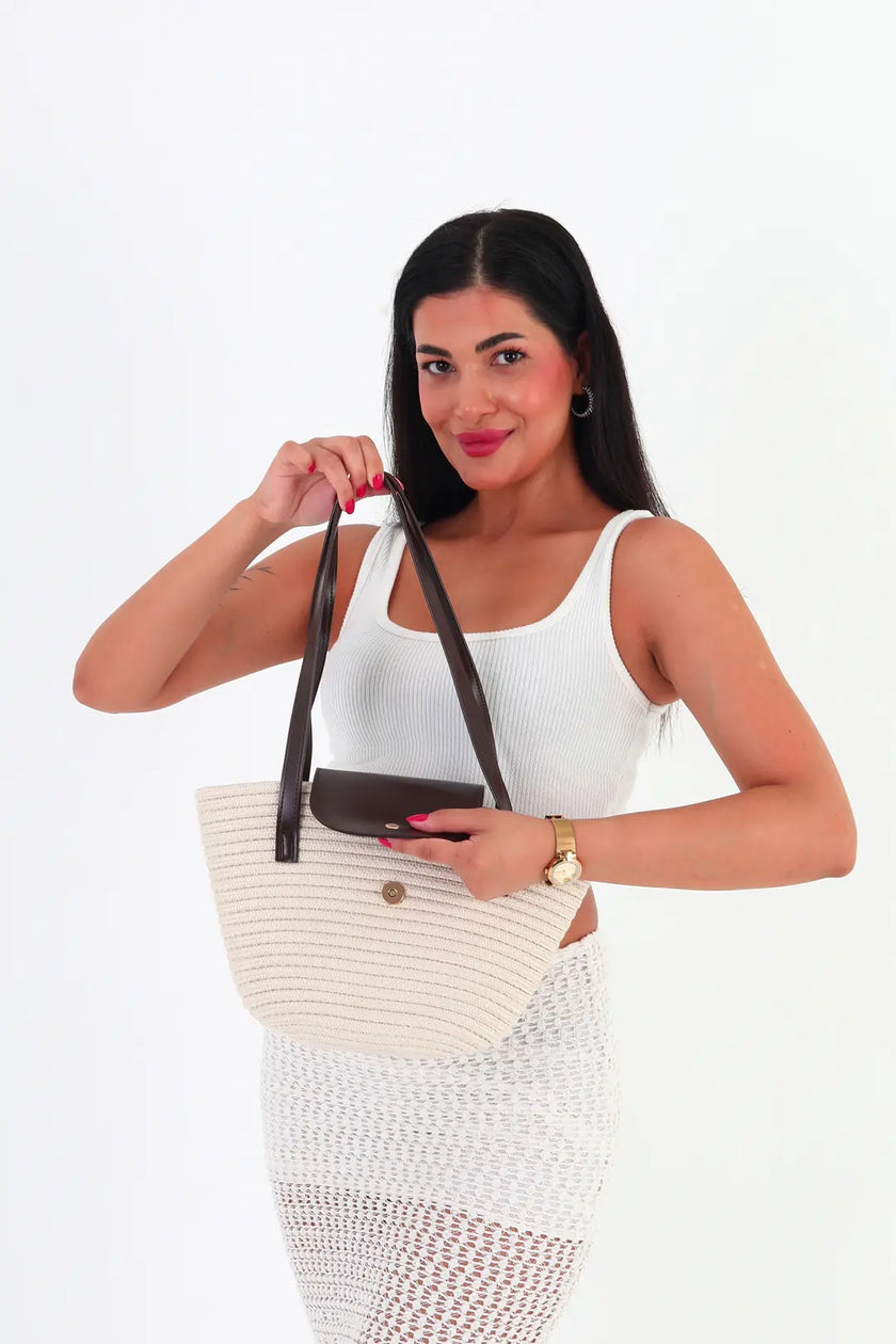 Flores Hasır Baget Çanta Krem