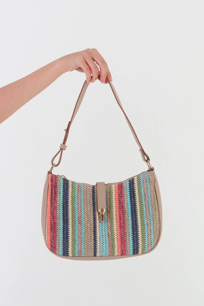 Solea Mix Renk Hasır Omuz Çantası -  Mavi