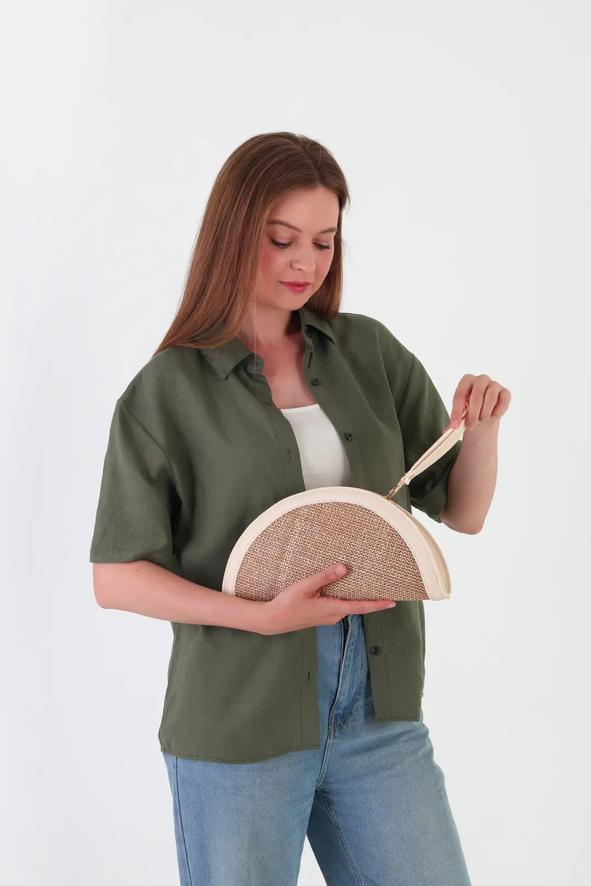 Venice Hasır Clutch Çanta Krem