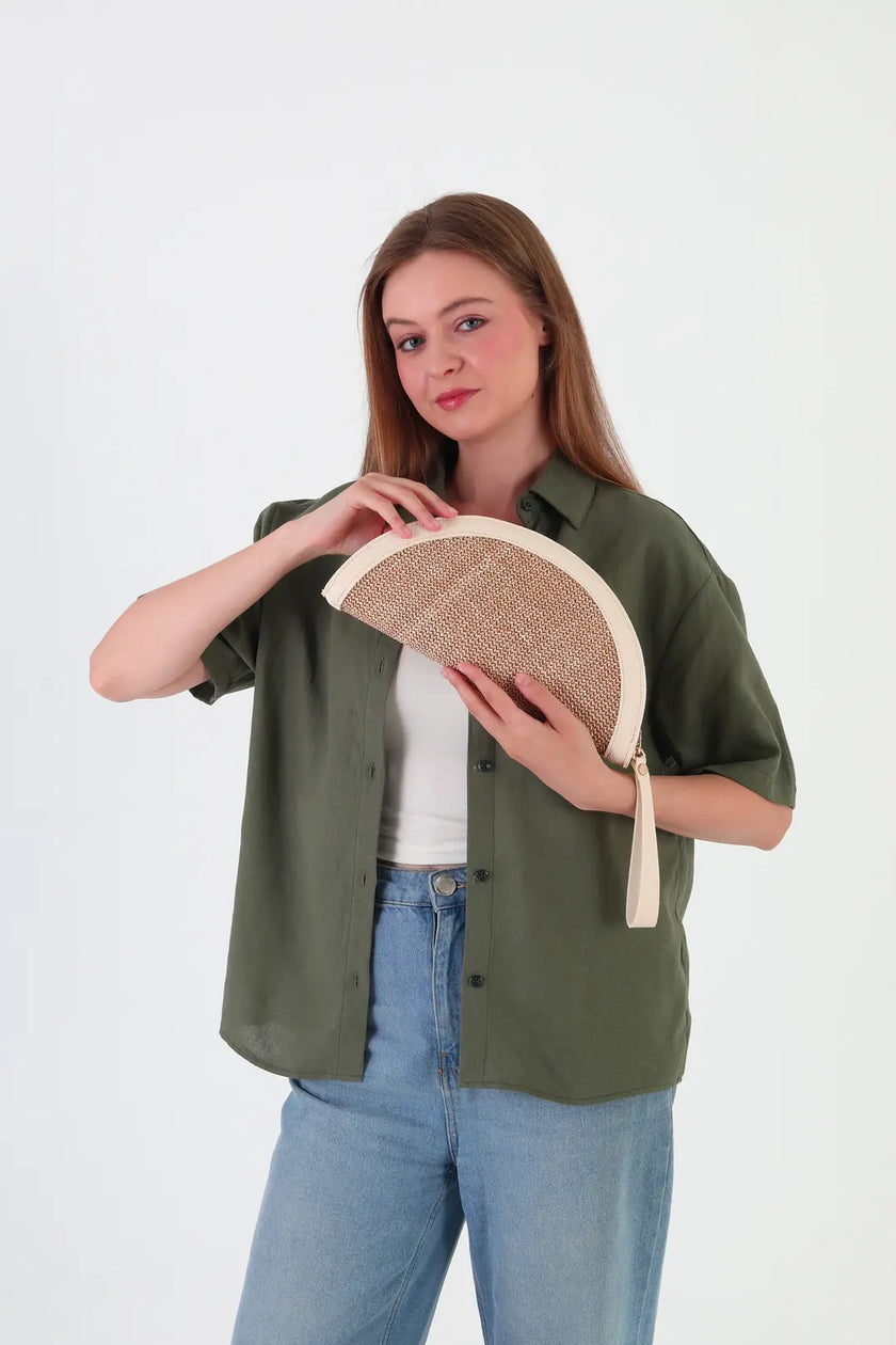 Venice Hasır Clutch Çanta Krem