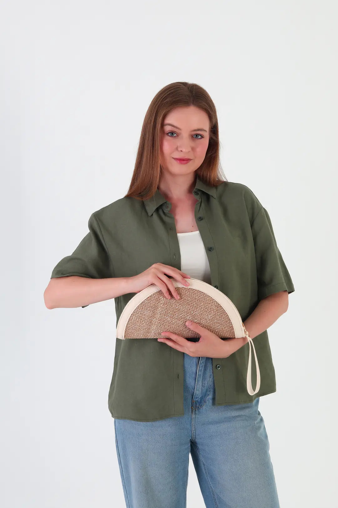 Venice Hasır Clutch Çanta Krem