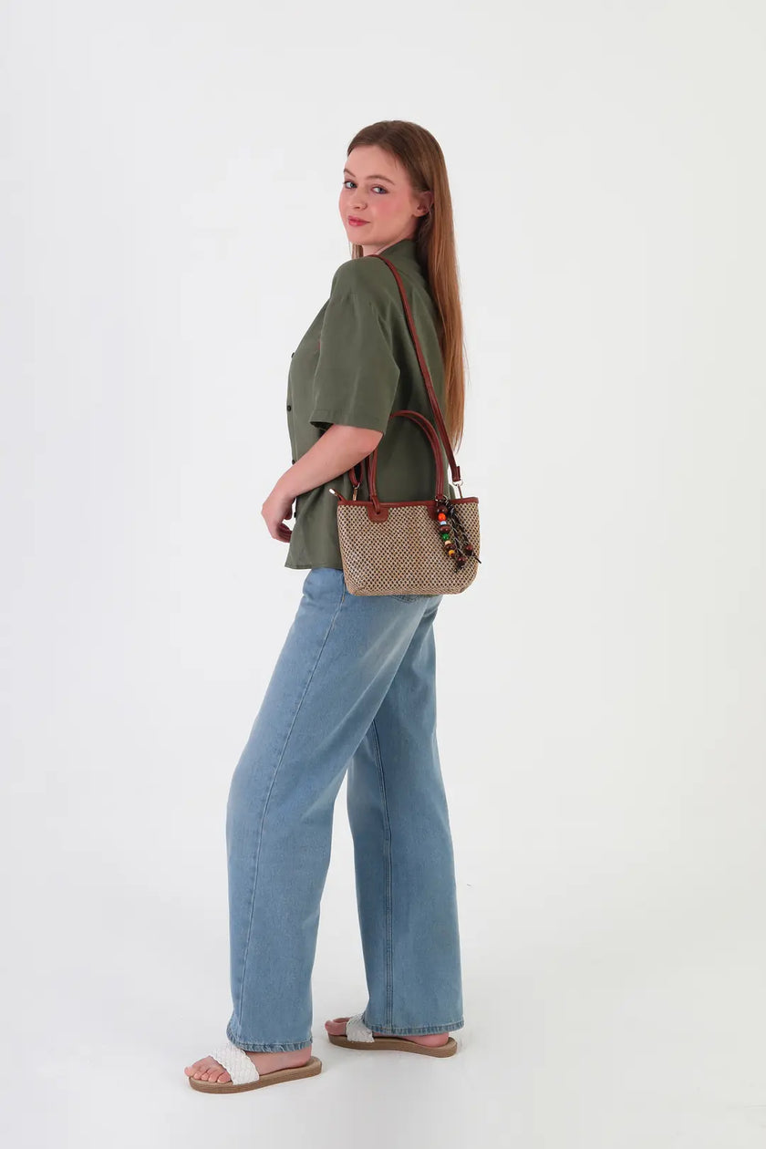 Orchid Hasır El ve Omuz Çantası Taba