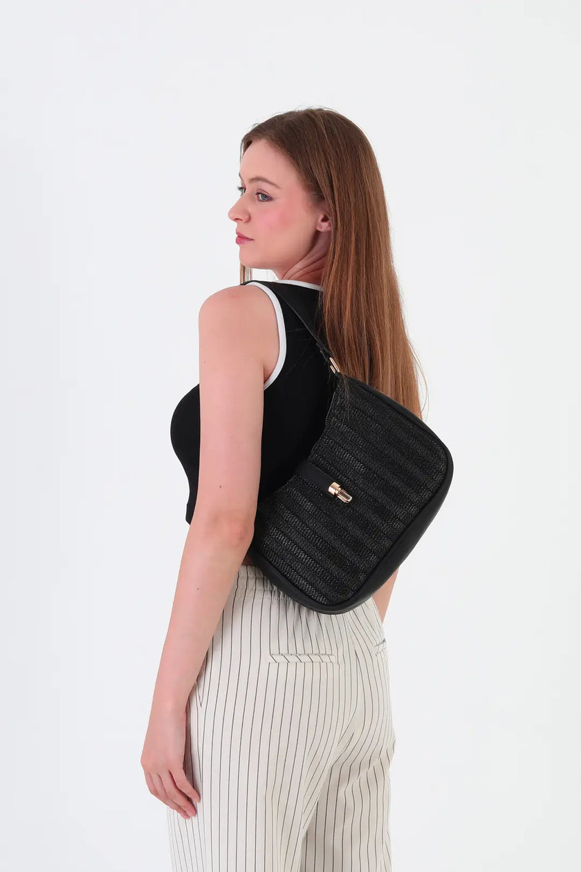 Solea Mix Renk Hasır Omuz Çantası - Siyah