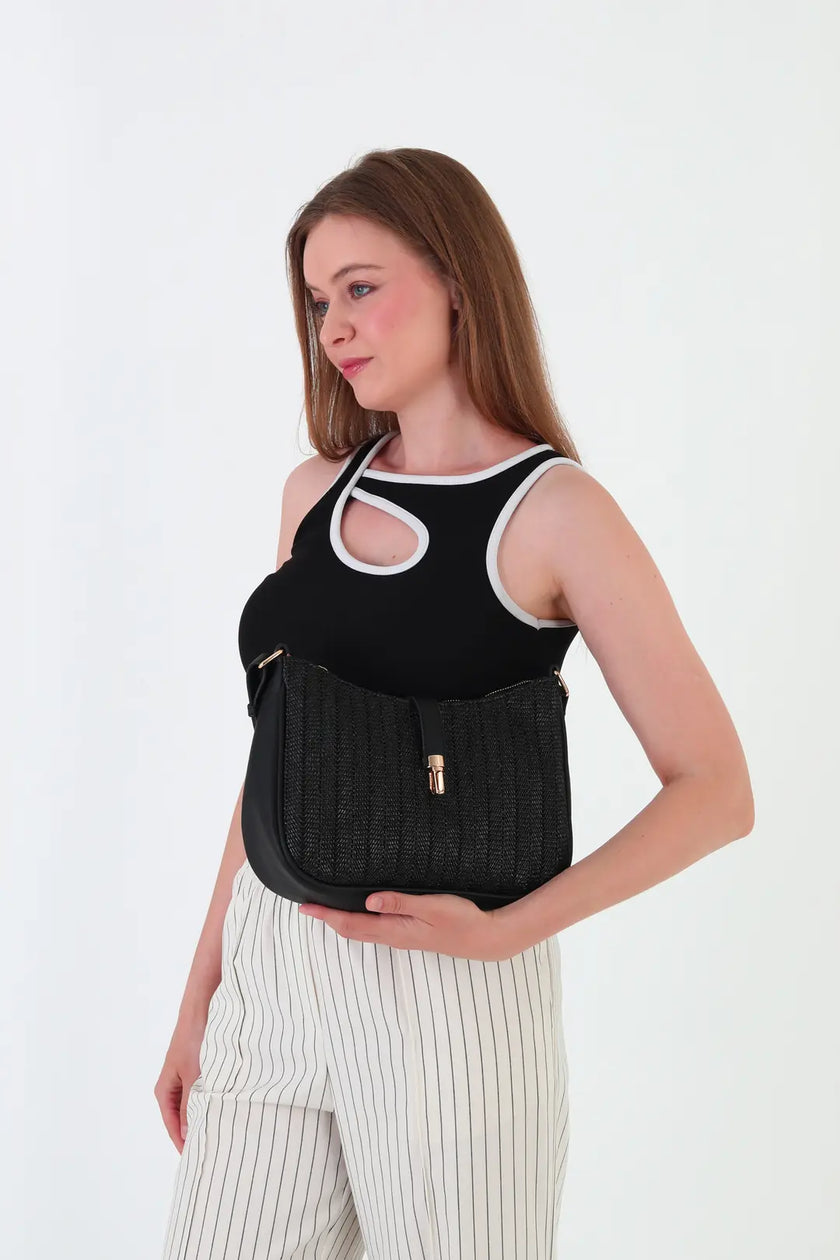 Solea Mix Renk Hasır Omuz Çantası - Siyah