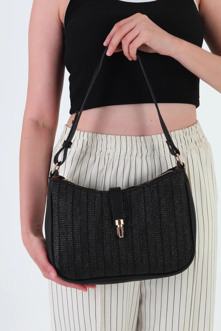Solea Mix Renk Hasır Omuz Çantası - Siyah