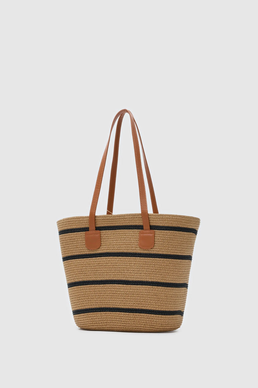 Ventra Çizgi Desenli Hasır Çanta - Vizon