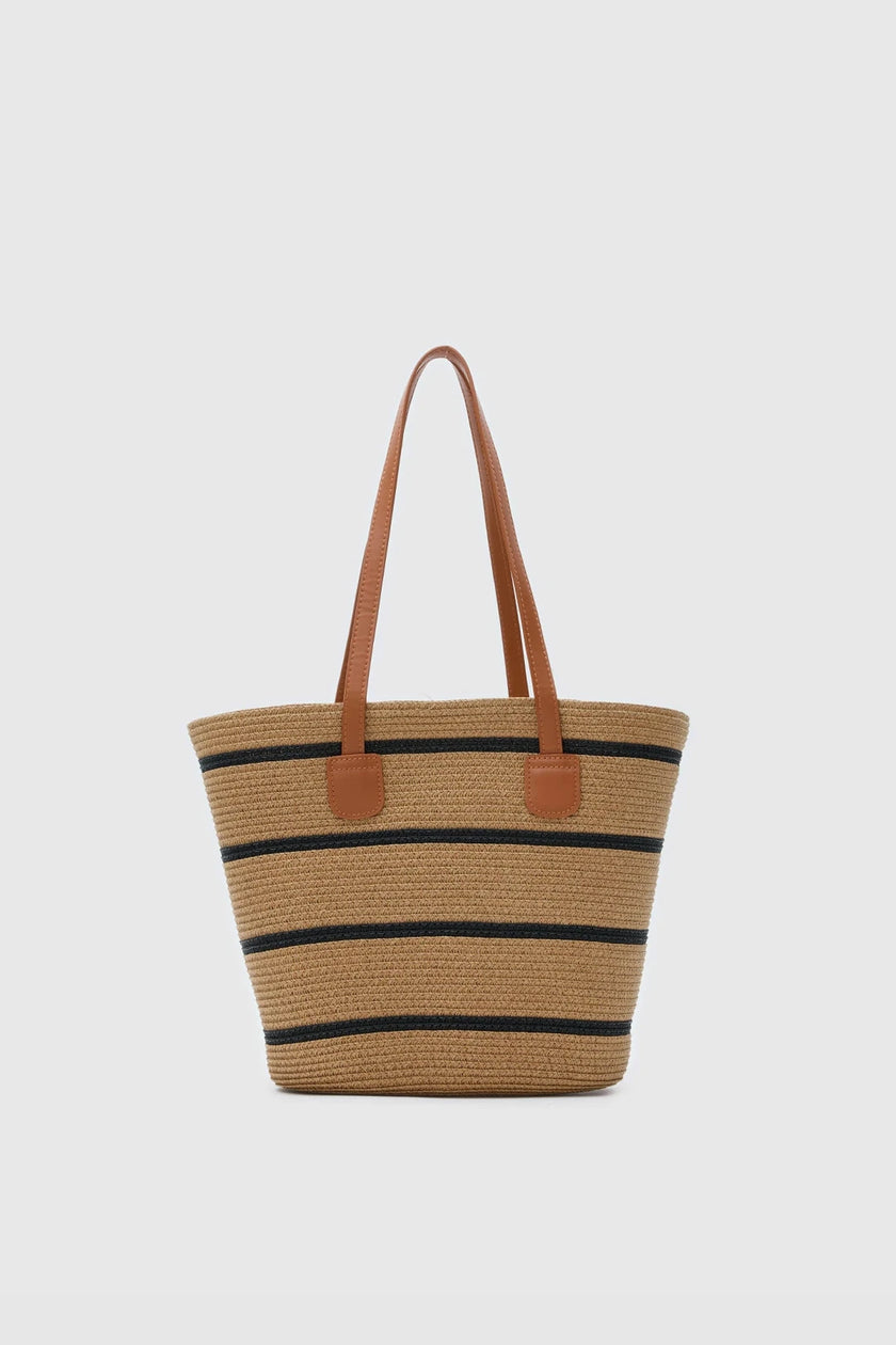 Ventra Çizgi Desenli Hasır Çanta - Vizon