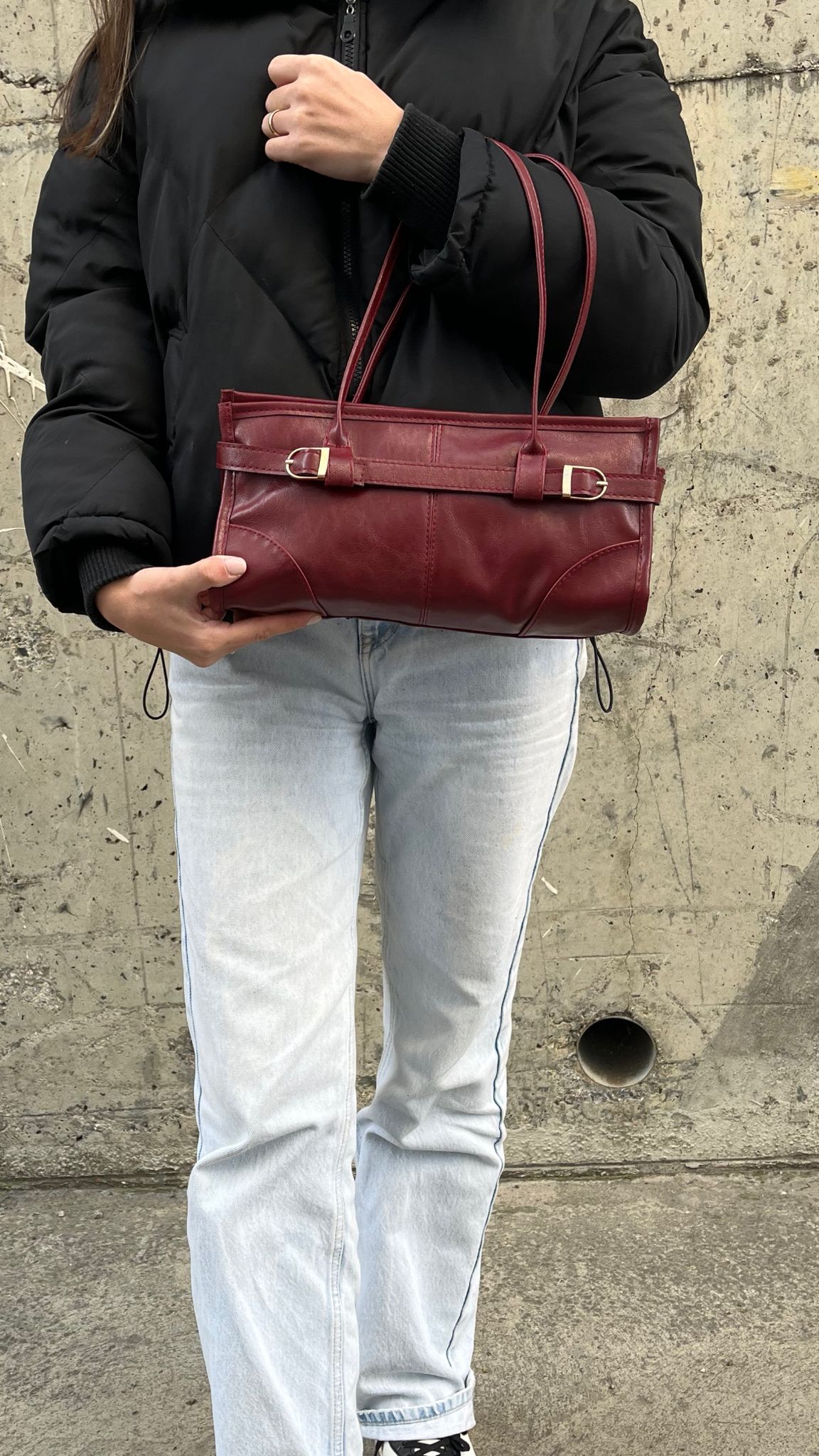 Renna Suni Deri Baget Çanta Bordo