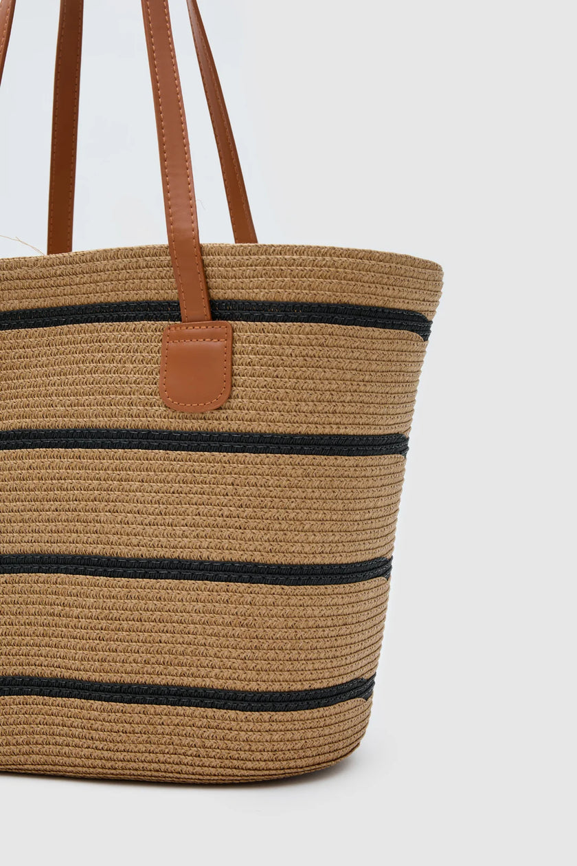 Ventra Çizgi Desenli Hasır Çanta - Vizon