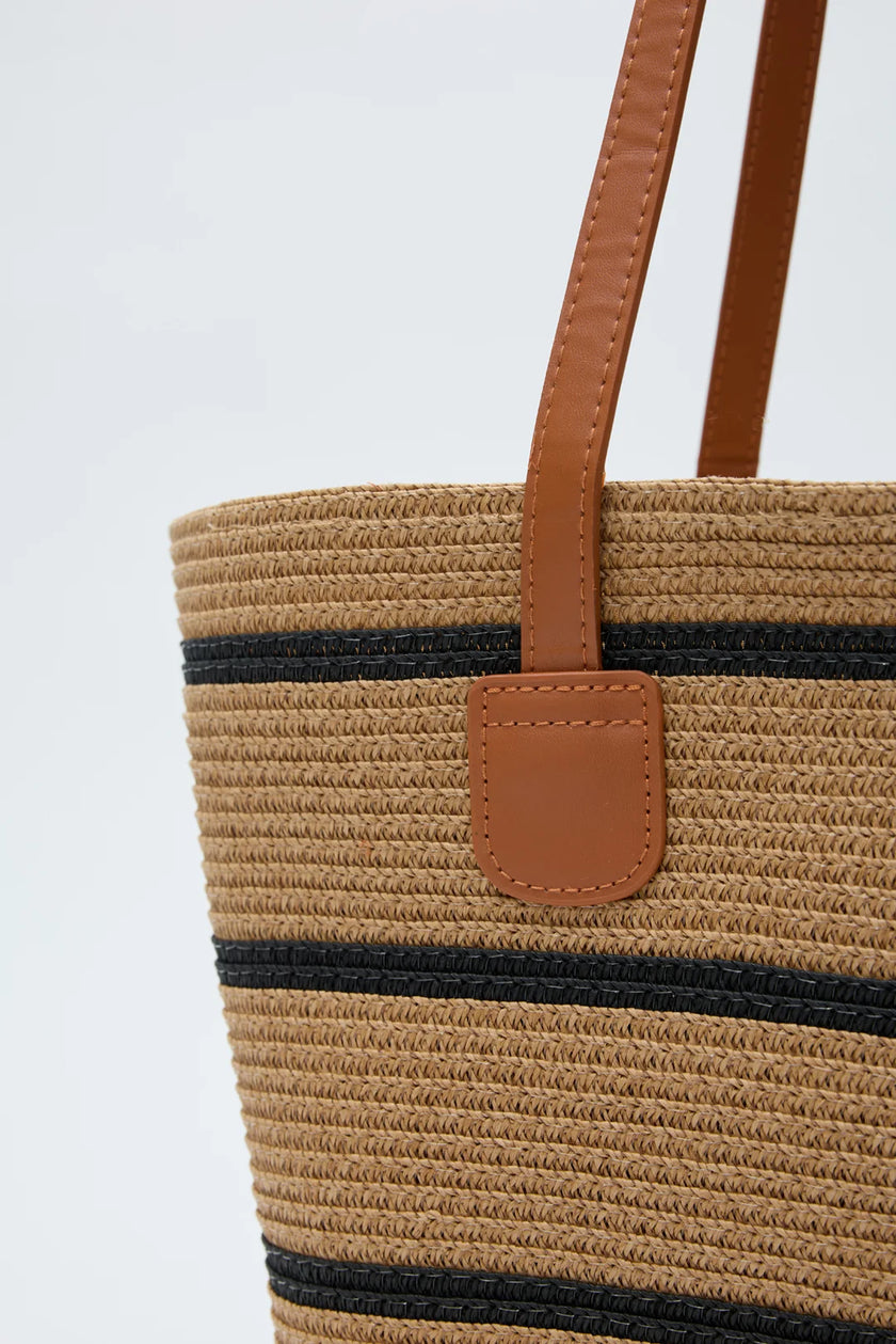 Ventra Çizgi Desenli Hasır Çanta - Vizon