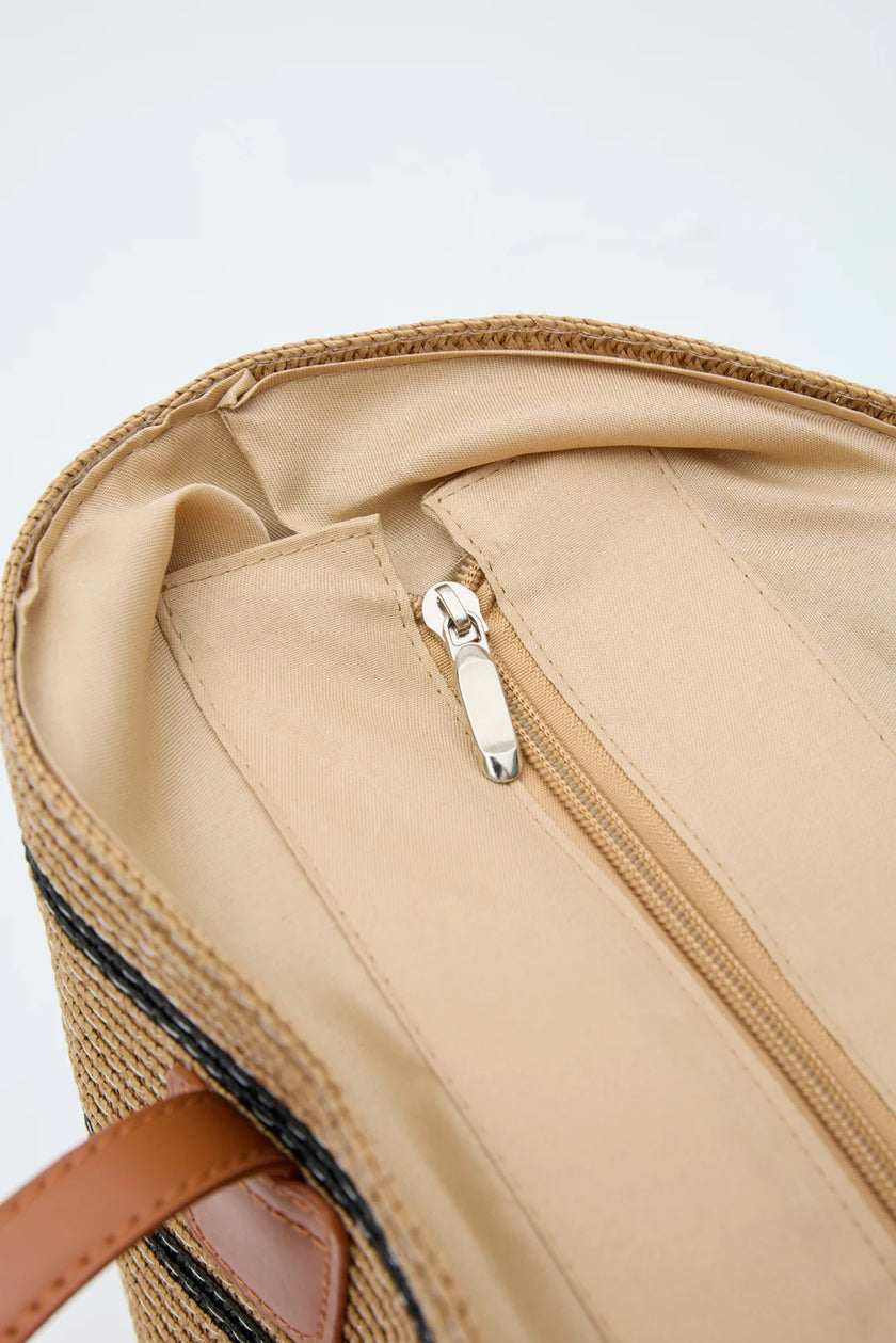 Ventra Çizgi Desenli Hasır Çanta - Vizon